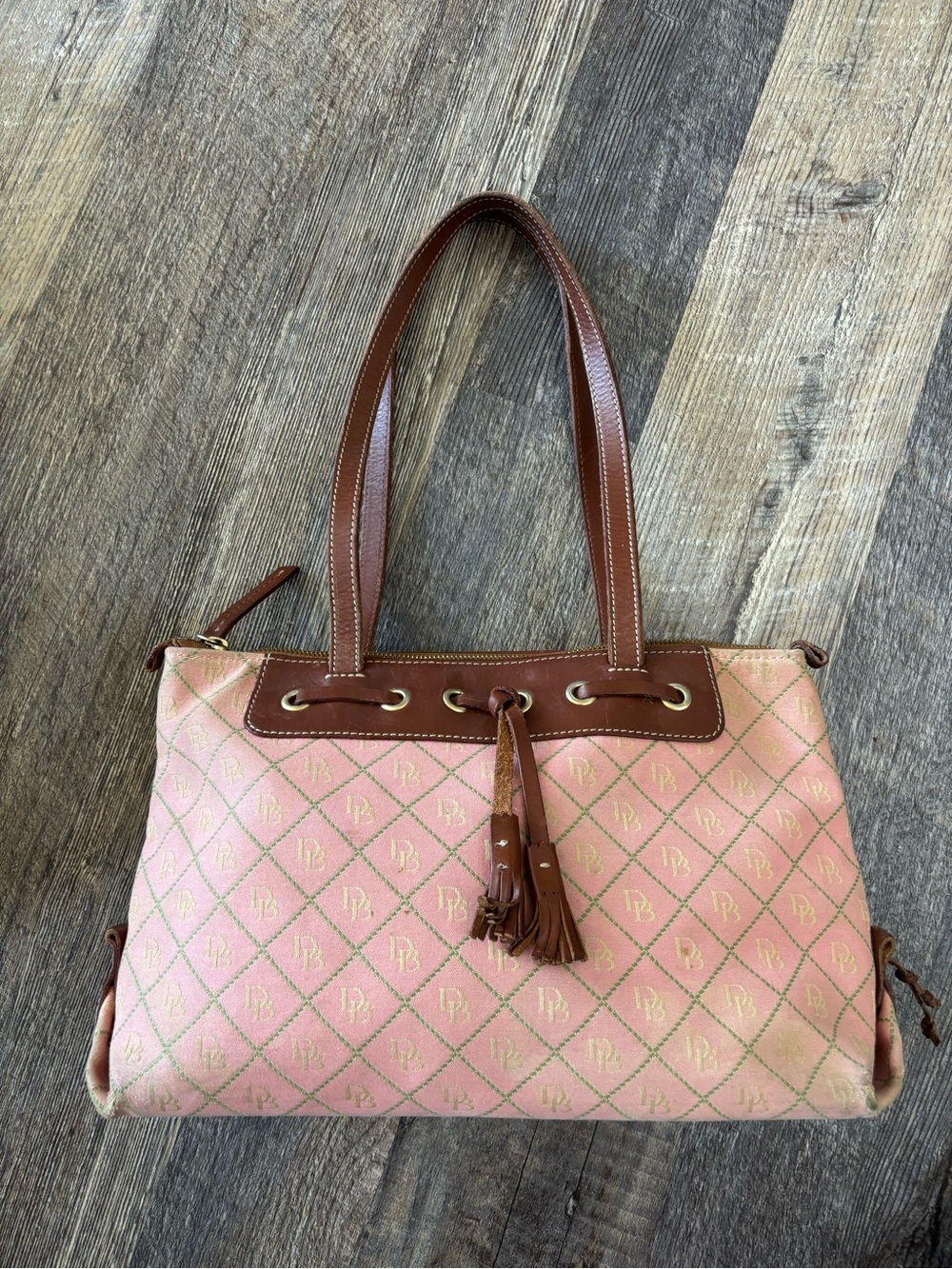 Vintage Dooney & Bourke Pink Signature DB Canvas Tassel Tote Bag Brown Leather Y
